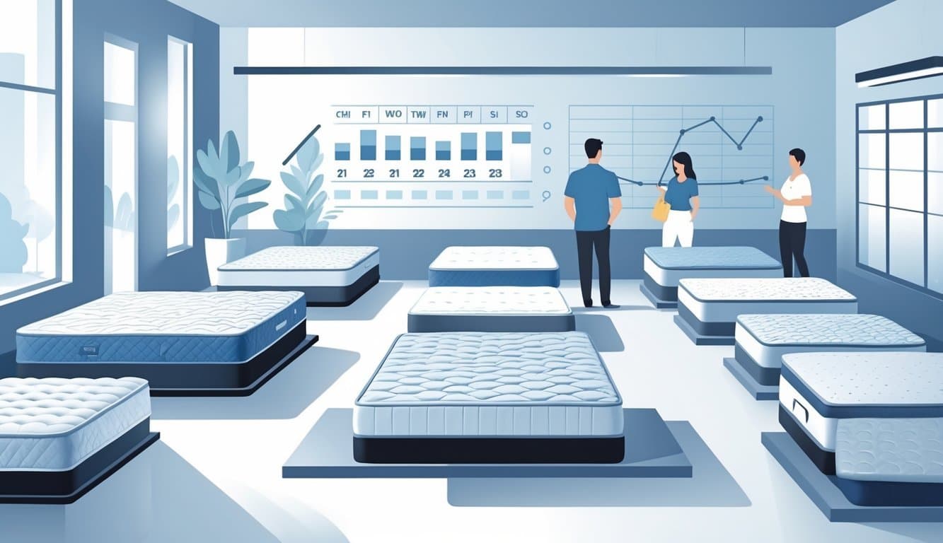 A mattress store with different mattress sizes displayed and graphical charts in the background showing sales trends and highlighted calendar dates indicating sale periods.