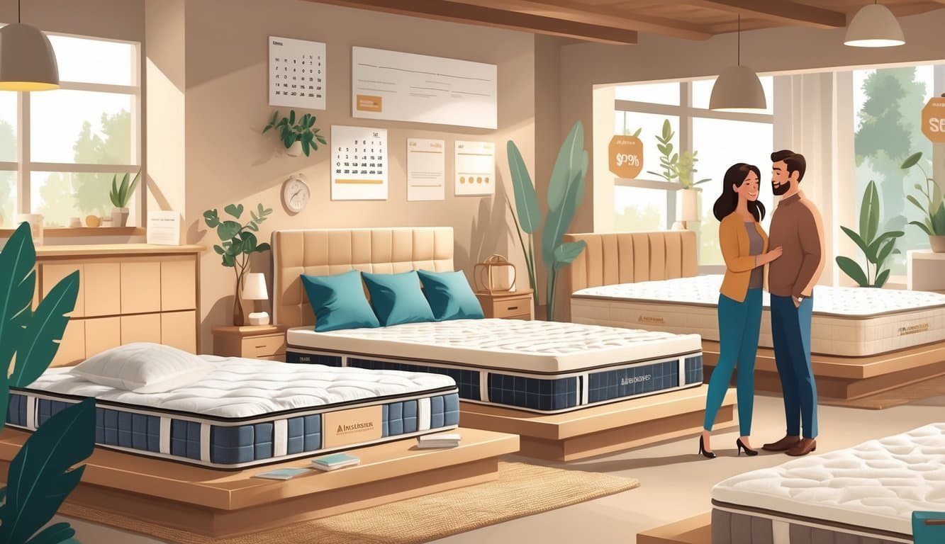 A couple talking to a sales associate in a mattress showroom with several mattresses displayed on platforms.