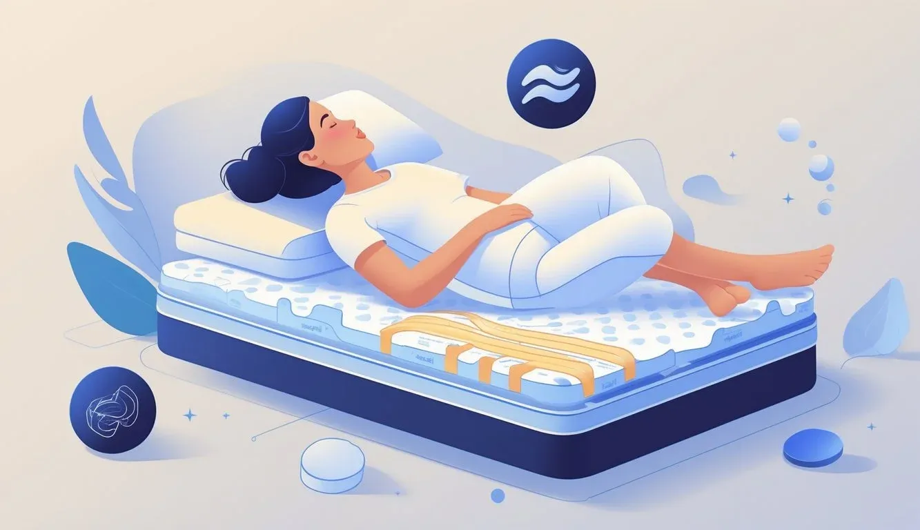 A person sleeping peacefully on a supportive mattress with a highlighted spine showing proper alignment.
