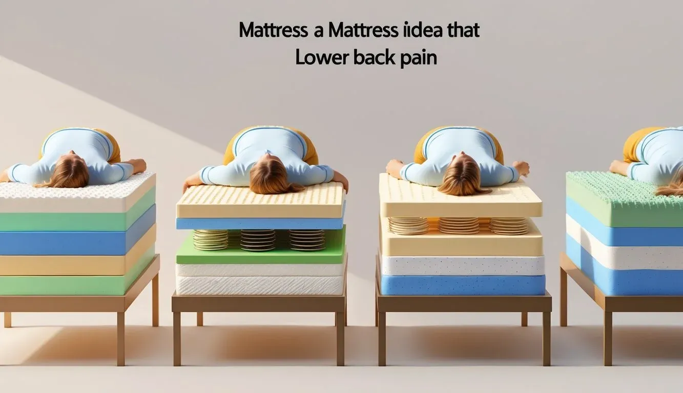 Cross-sectional illustration of four different mattresses with people lying on them, showing proper lower back support.