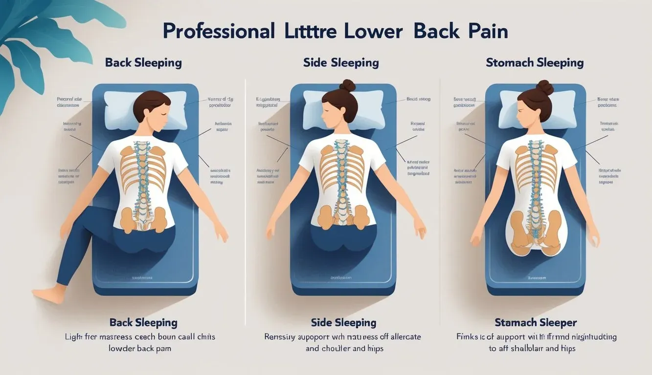 Three people sleeping in different positions on mattresses designed to support lower back pain, showing proper spine alignment.