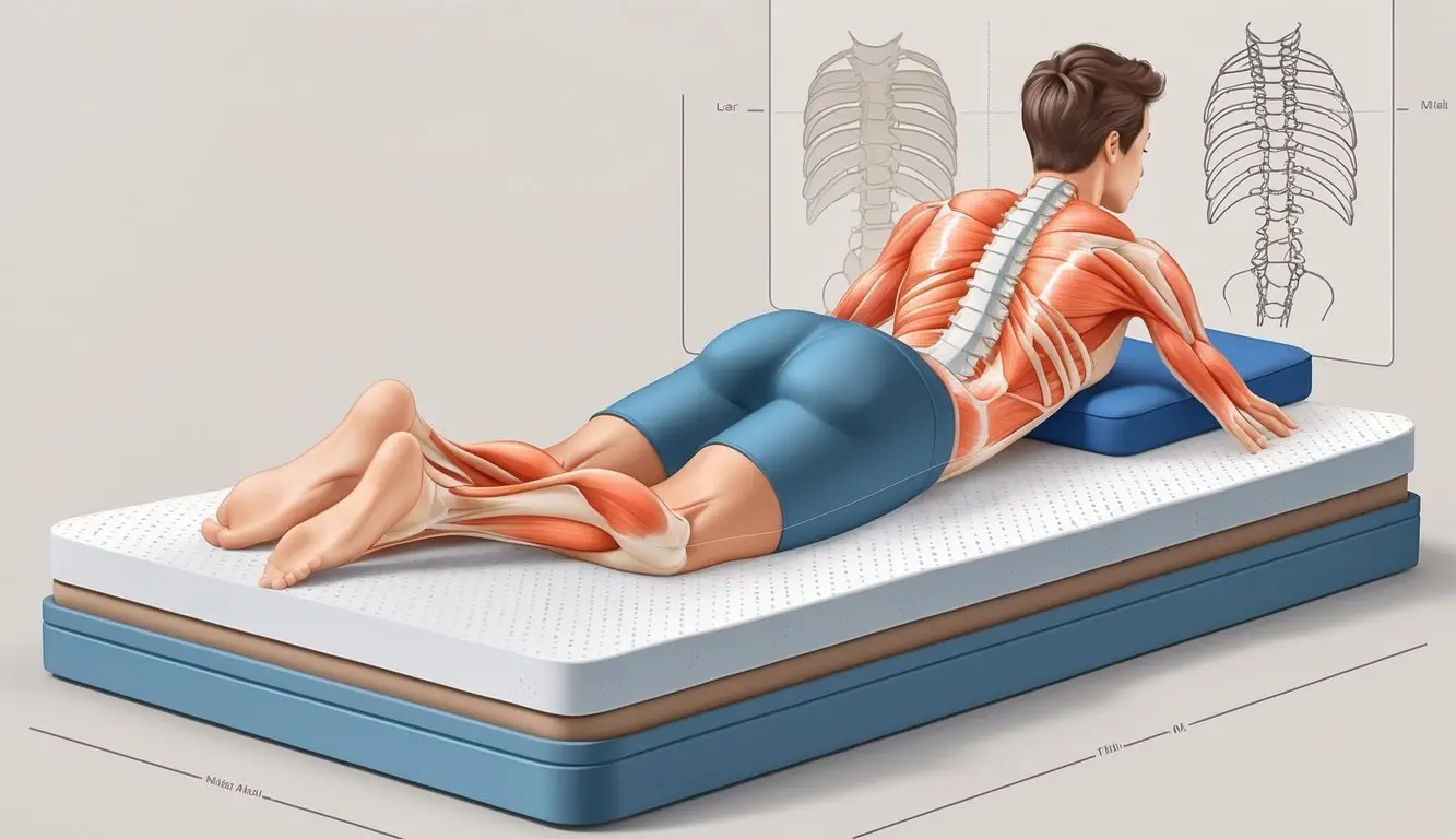 A person lying on their side on a supportive mattress with highlighted upper back muscles and spine showing proper alignment.