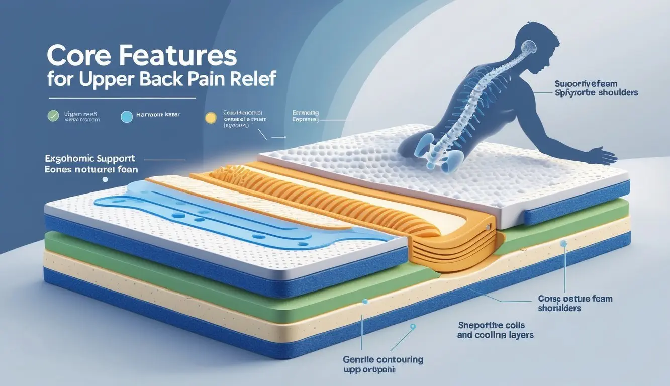 Cross-sectional view of a mattress showing layered materials and a person lying on their back with proper spinal alignment to illustrate upper back pain relief.