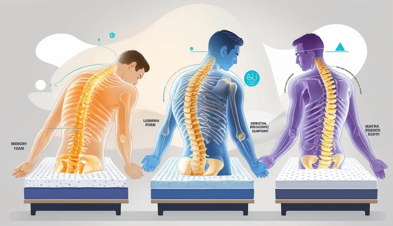 Illustration of three different mattresses with a person lying on each, showing proper upper back support and spinal alignment.