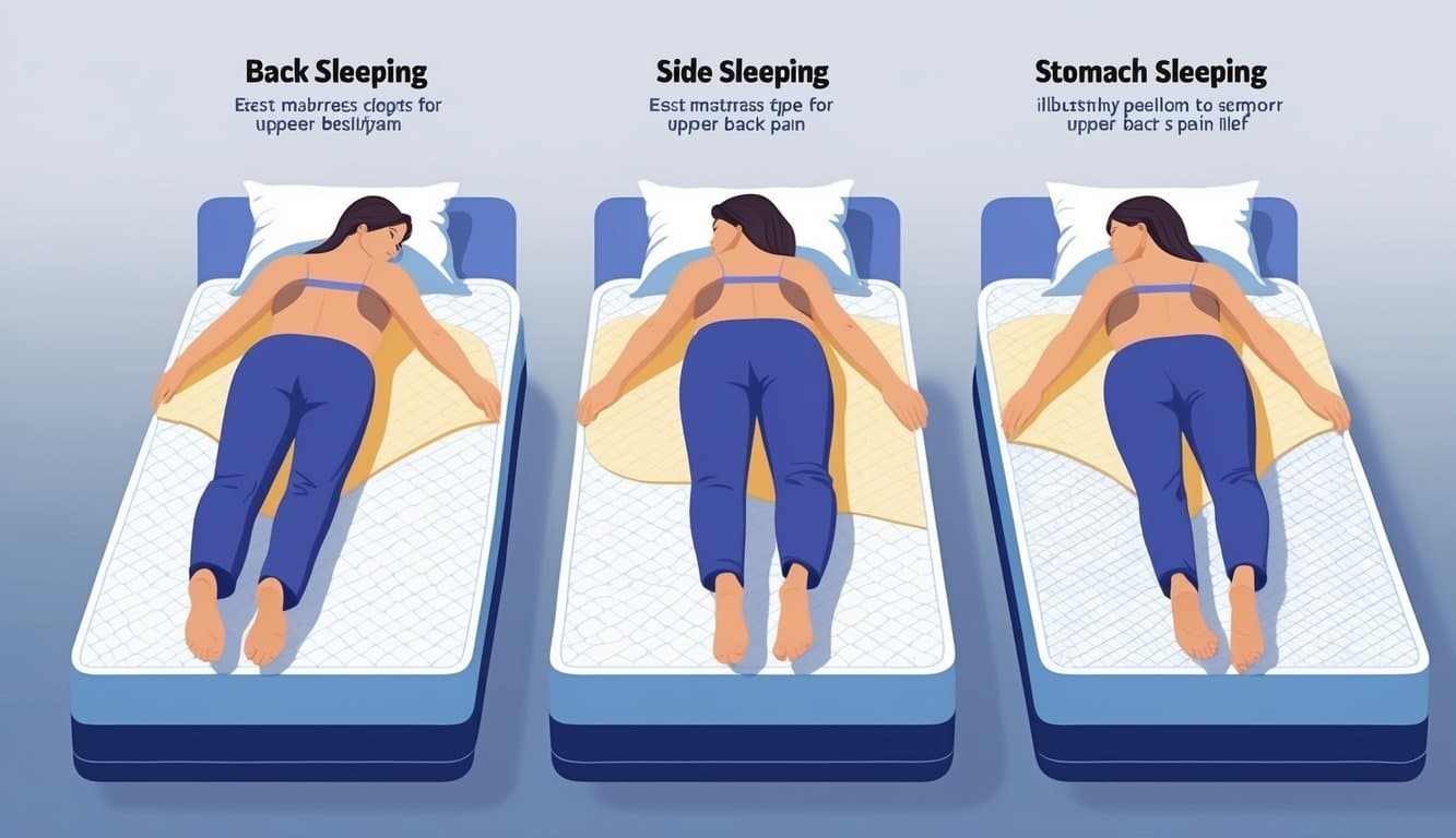 Three people shown sleeping in different positions on mattresses designed to support upper back pain.