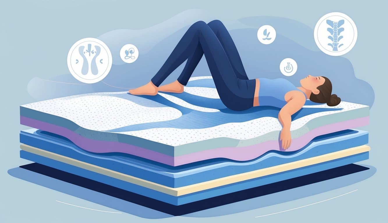 Illustration of a person lying on a mattress with layers designed to support the upper back and relieve pain.
