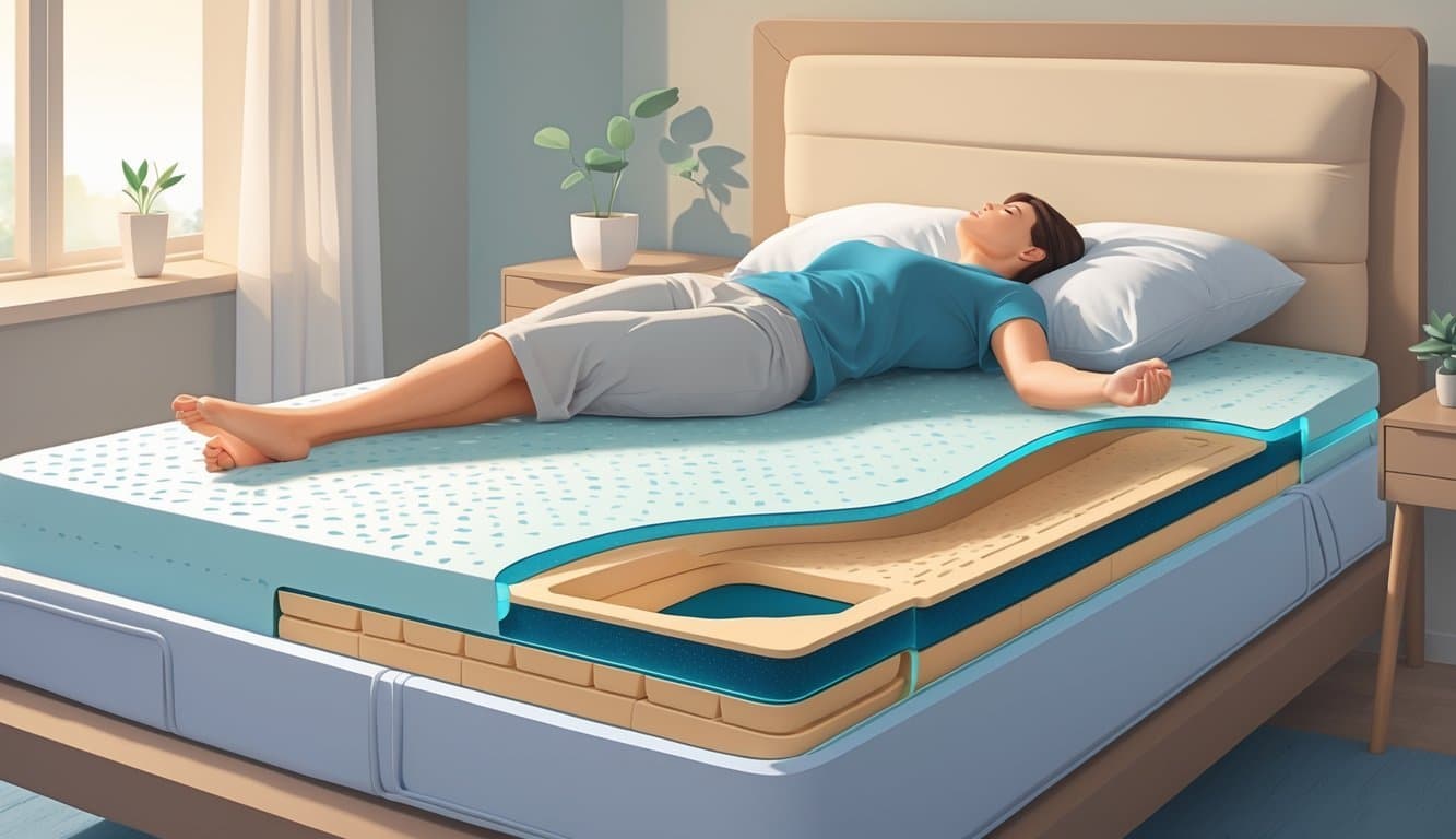 Person lying comfortably on a supportive mattress in a calm bedroom, showing proper upper back alignment for better sleep.