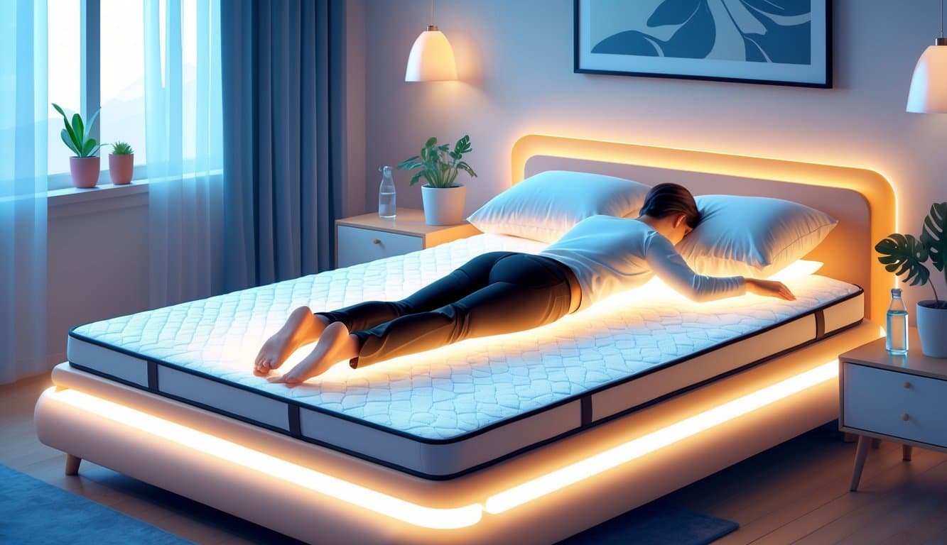 A person lying on a supportive mattress in a bedroom, showing proper posture to relieve upper back pain.