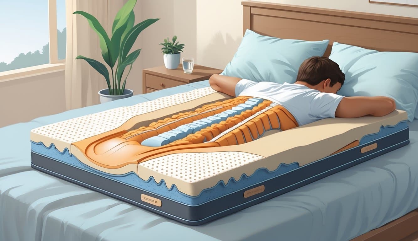 A person lying on a mattress with visible layers supporting their upper back, in a calm bedroom setting.