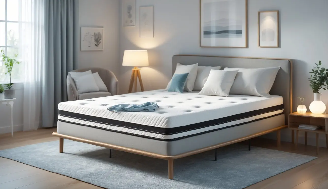 A neatly made bed with a comfortable mattress in a tidy, softly lit bedroom.