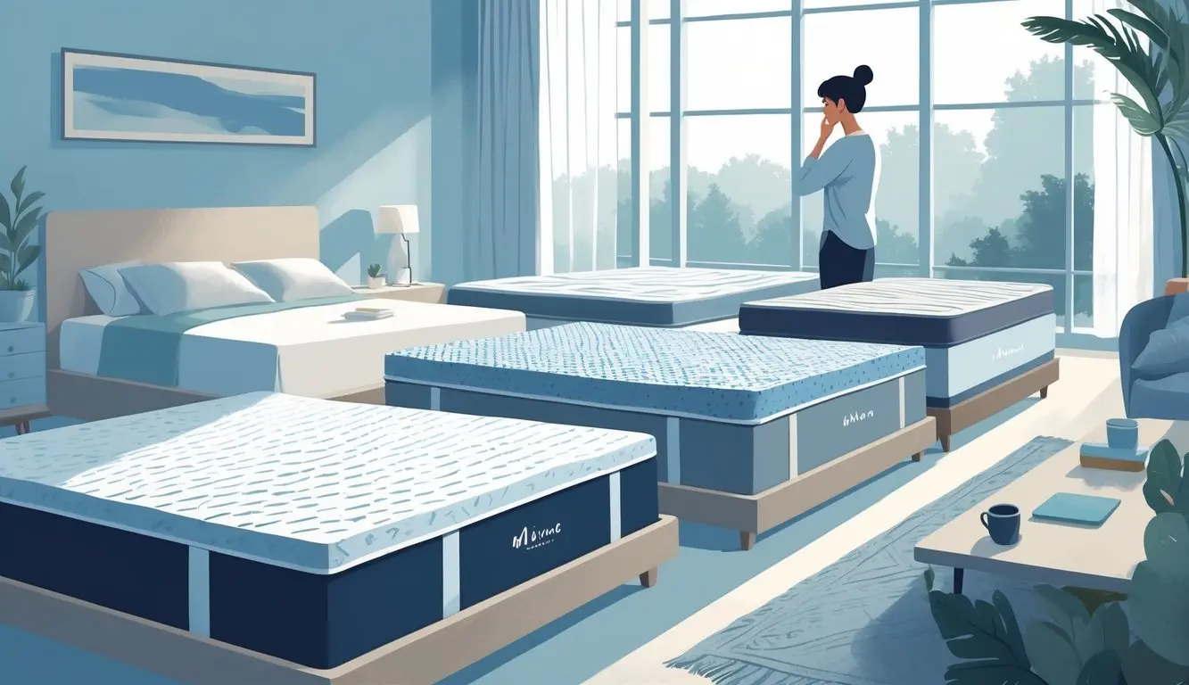 A person in a bedroom looking at different mattresses displayed side by side, showing various types and thicknesses in a calm, well-lit room.
