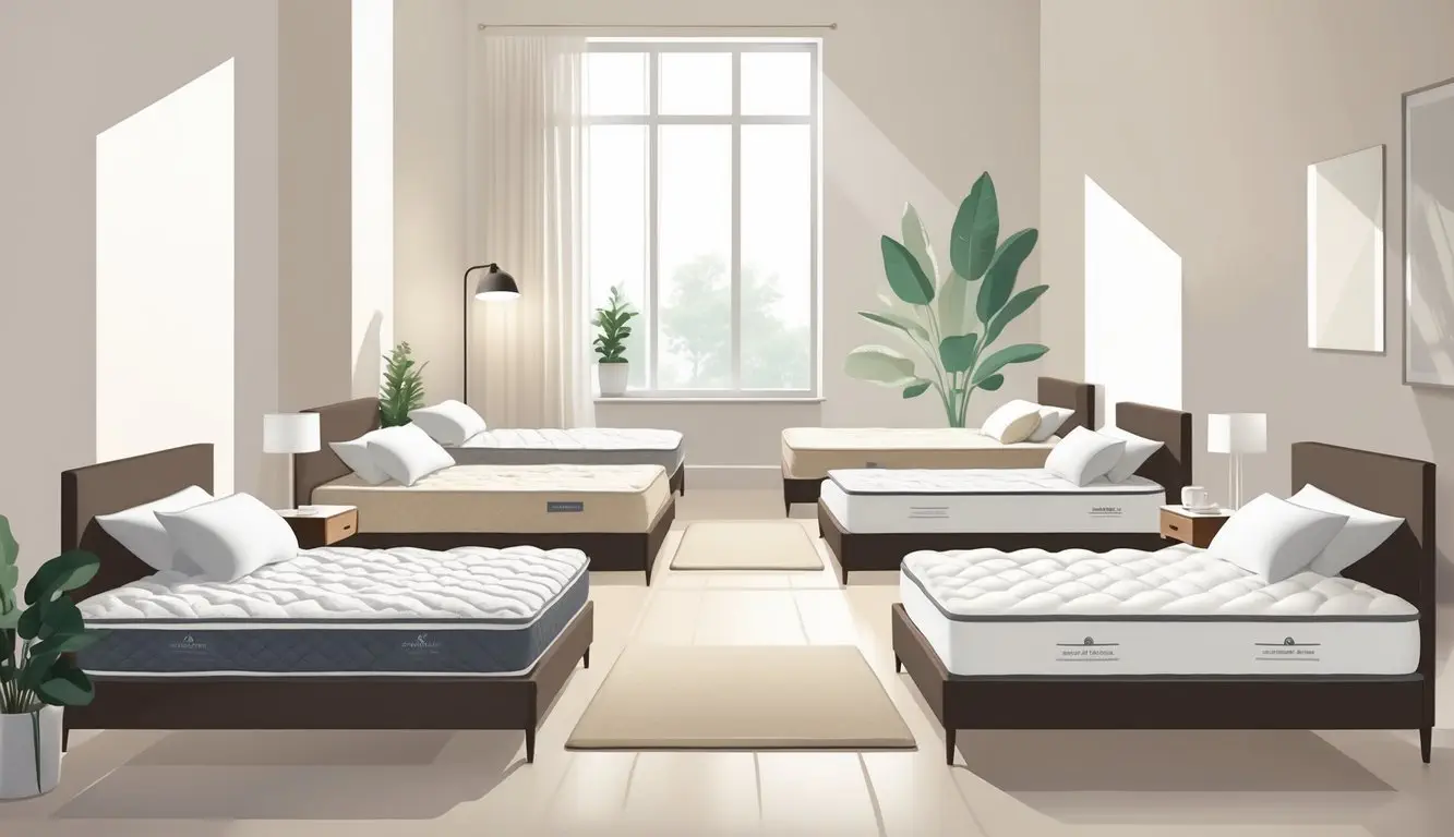 A bright bedroom with several mattresses displayed on bed frames, surrounded by simple furniture and natural light.