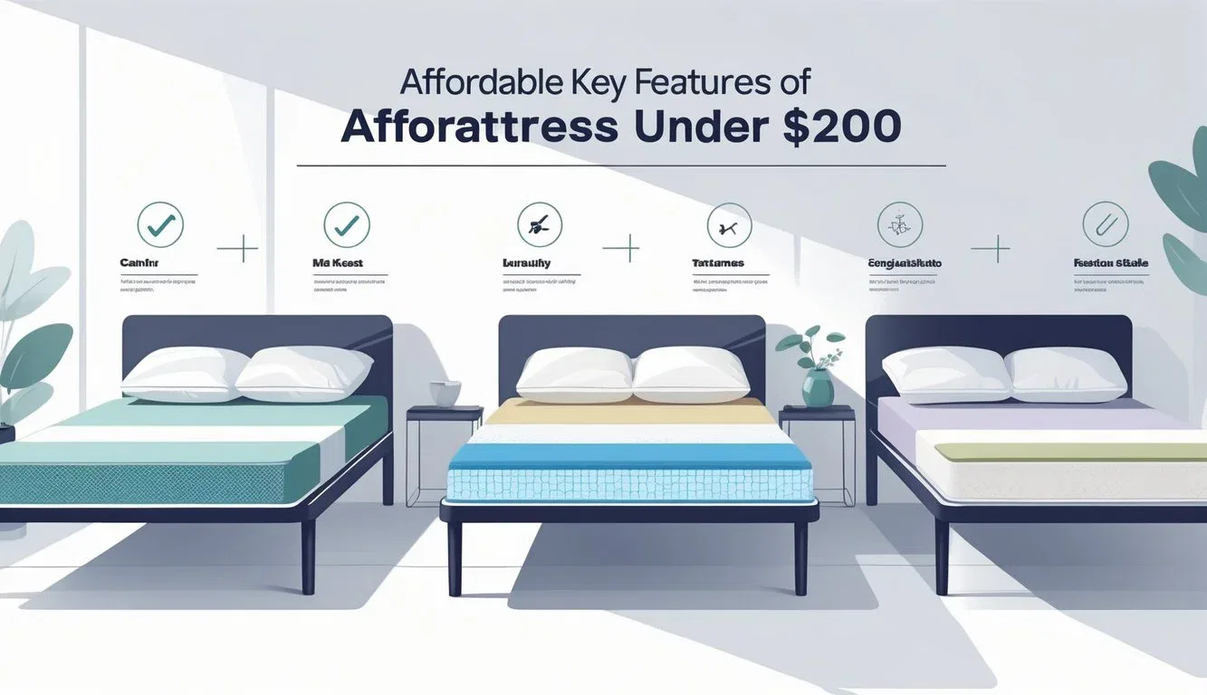 Three mattresses placed side by side on simple bed frames with icons and symbols above each mattress showing different features for comparison.