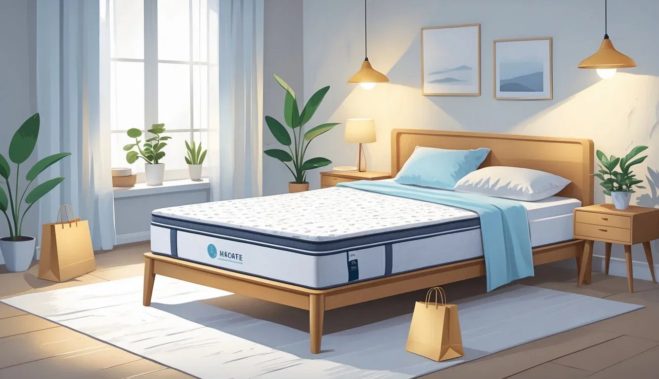 A cozy bedroom with a mattress on a wooden bed frame, surrounded by shopping bags and price tags indicating good deals.