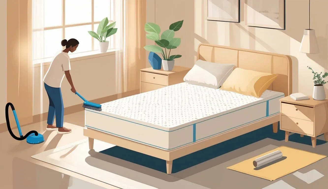 A neatly made mattress in a bright bedroom with a hand cleaning it, a vacuum cleaner, and a mattress protector being fitted, showing care and maintenance.