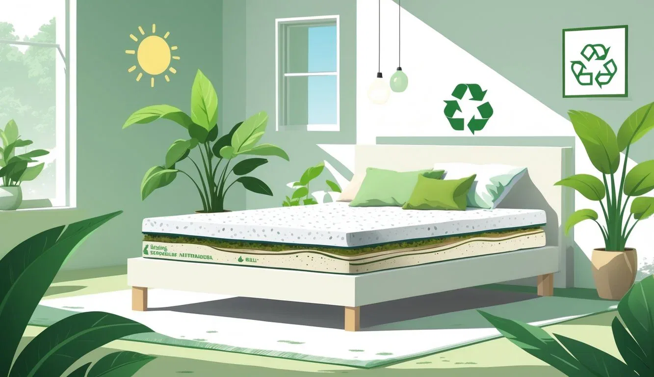 A modern bedroom with an eco-friendly mattress under $200, featuring natural materials, a potted plant, sunlight through an open window, and a cross-section of the mattress showing breathable layers.