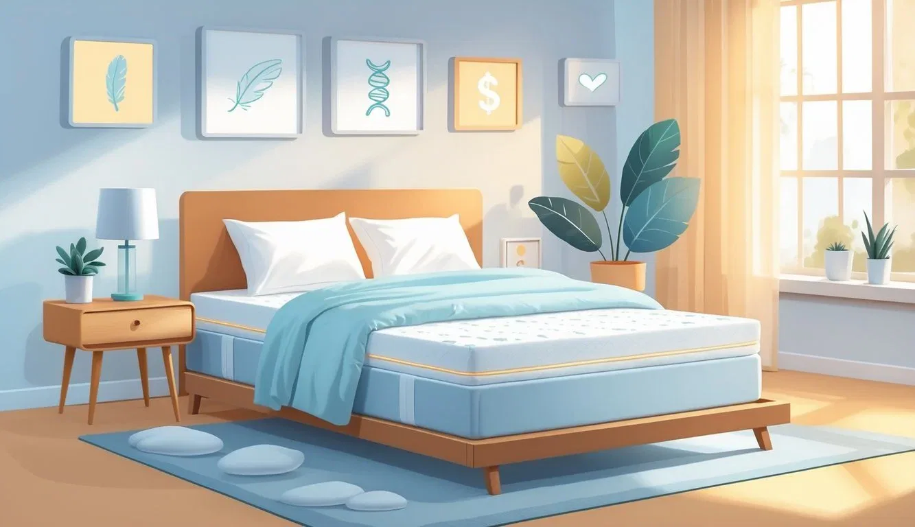 A neatly made bed with a mattress in a cozy bedroom, surrounded by icons representing comfort, support, durability, and affordability.