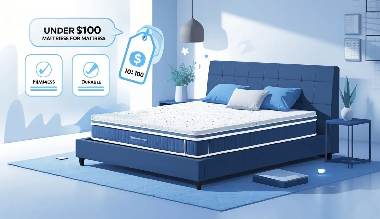 A modern bedroom with a comfortable bed and mattress highlighted, surrounded by icons representing mattress features and affordability.