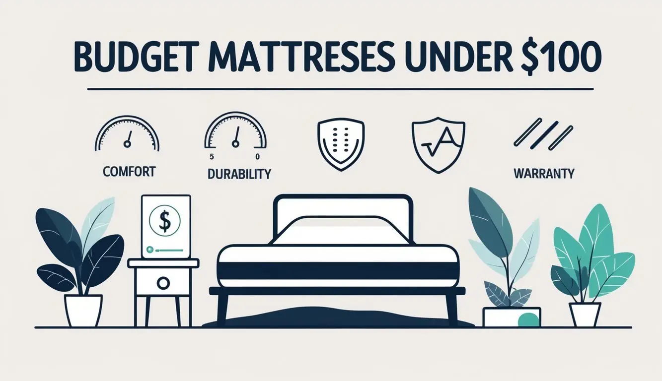 A bedroom scene showing an affordable mattress on a bed with icons representing comfort, durability, price, breathability, and warranty around it.