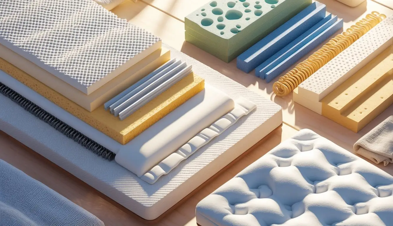 A detailed illustration showing different mattress materials like memory foam, latex foam, coil springs, and fabric covers arranged on a wooden surface.