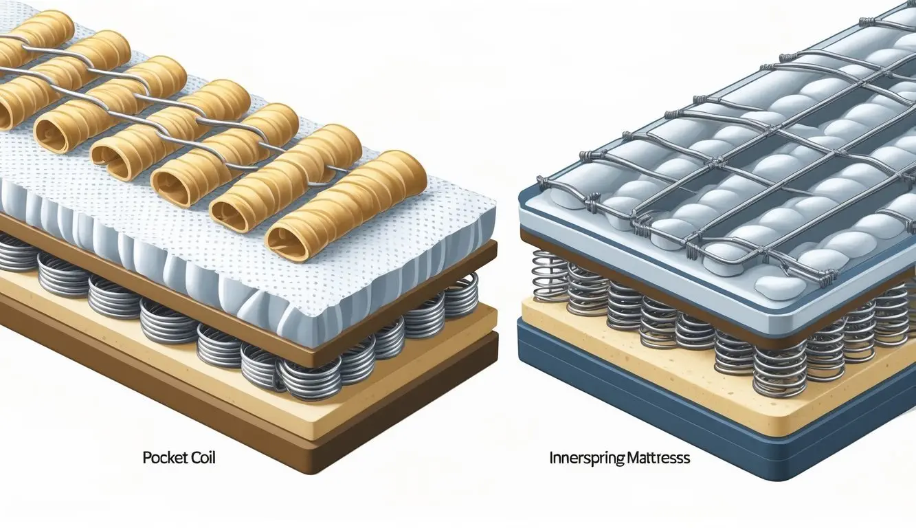 Cross-sectional view of two mattresses side by side, one with individually wrapped pocket coils and the other with interconnected innerspring coils, showing their internal structures and layers.