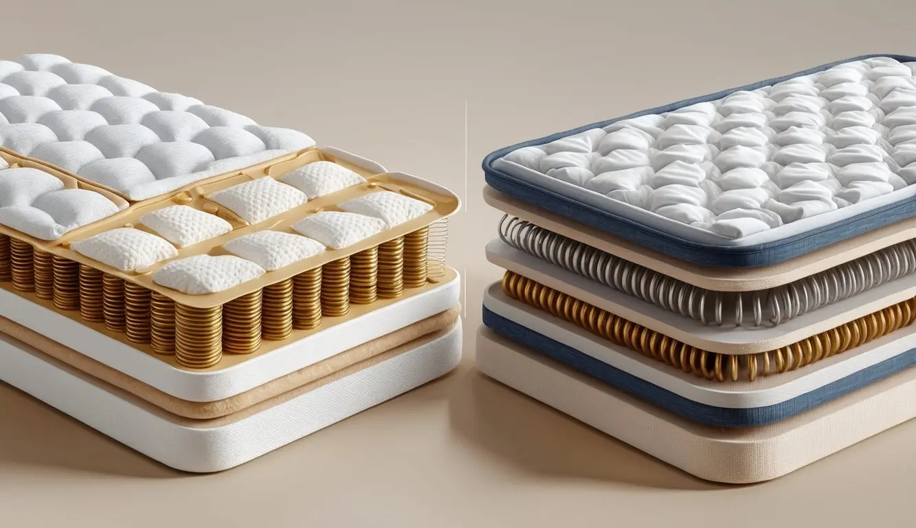 Cross-sectional view of two mattresses side by side, one with individual pocket coils and the other with interconnected innerspring coils, showing their internal structures.
