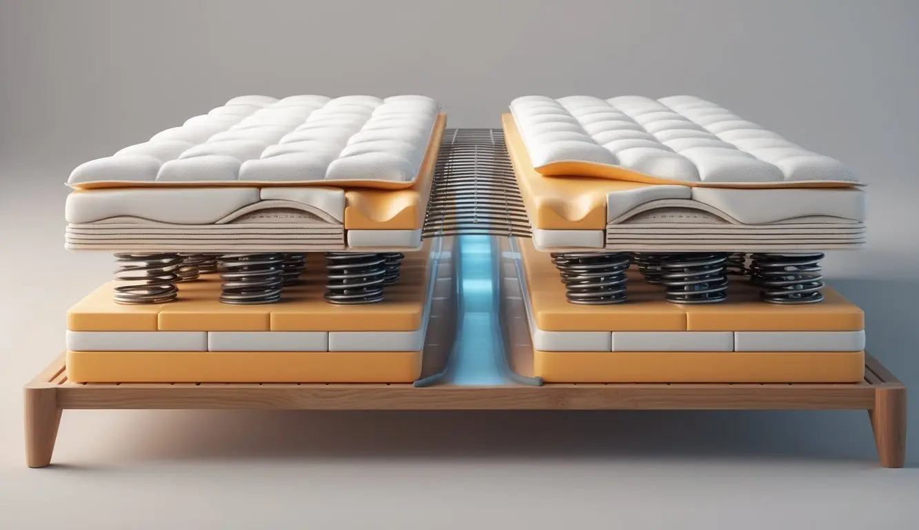 Side-by-side cross-sectional view of a pocket coil mattress with individual coils and an innerspring mattress with interconnected springs, showing layers of foam and cushioning on a wooden bed frame.