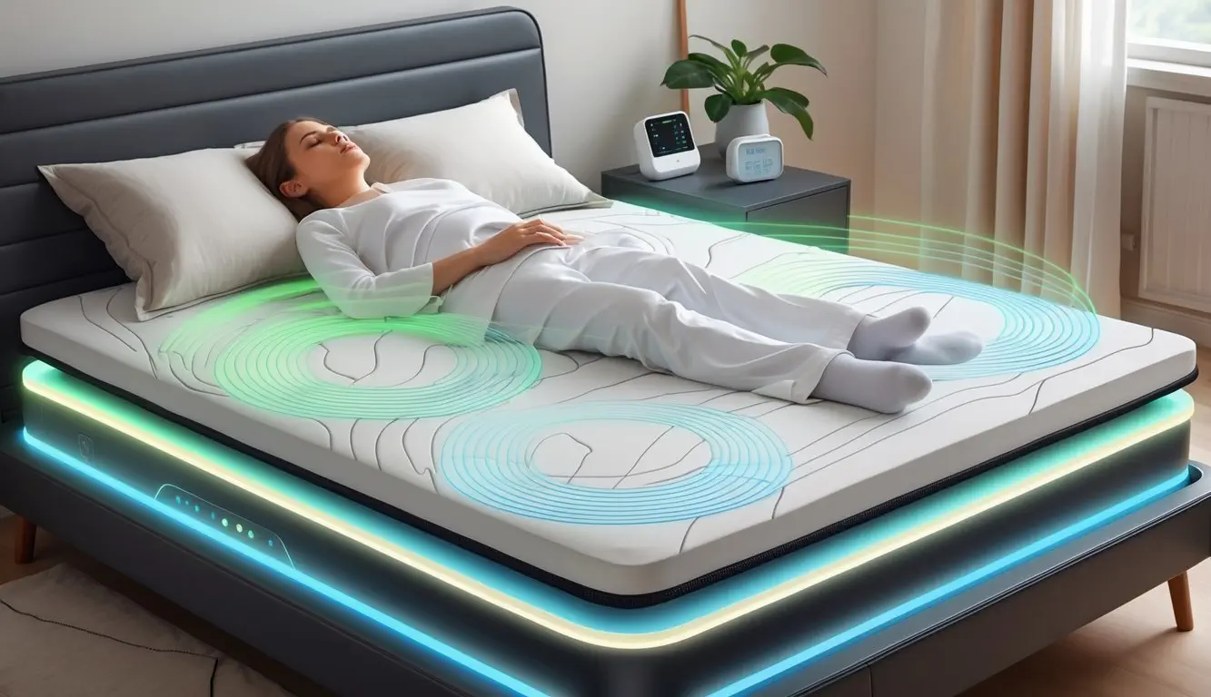 A bedroom scene showing a person sleeping peacefully on a mattress emitting gentle magnetic waves, surrounded by a calm and comfortable environment.