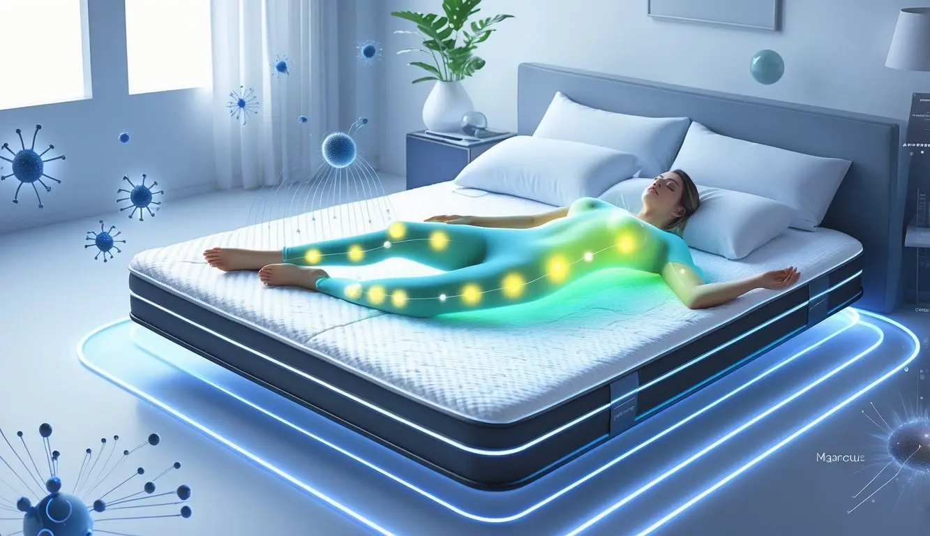 A person resting peacefully on a mattress emitting gentle magnetic waves, with visual elements showing magnetic fields and healing energy around them.