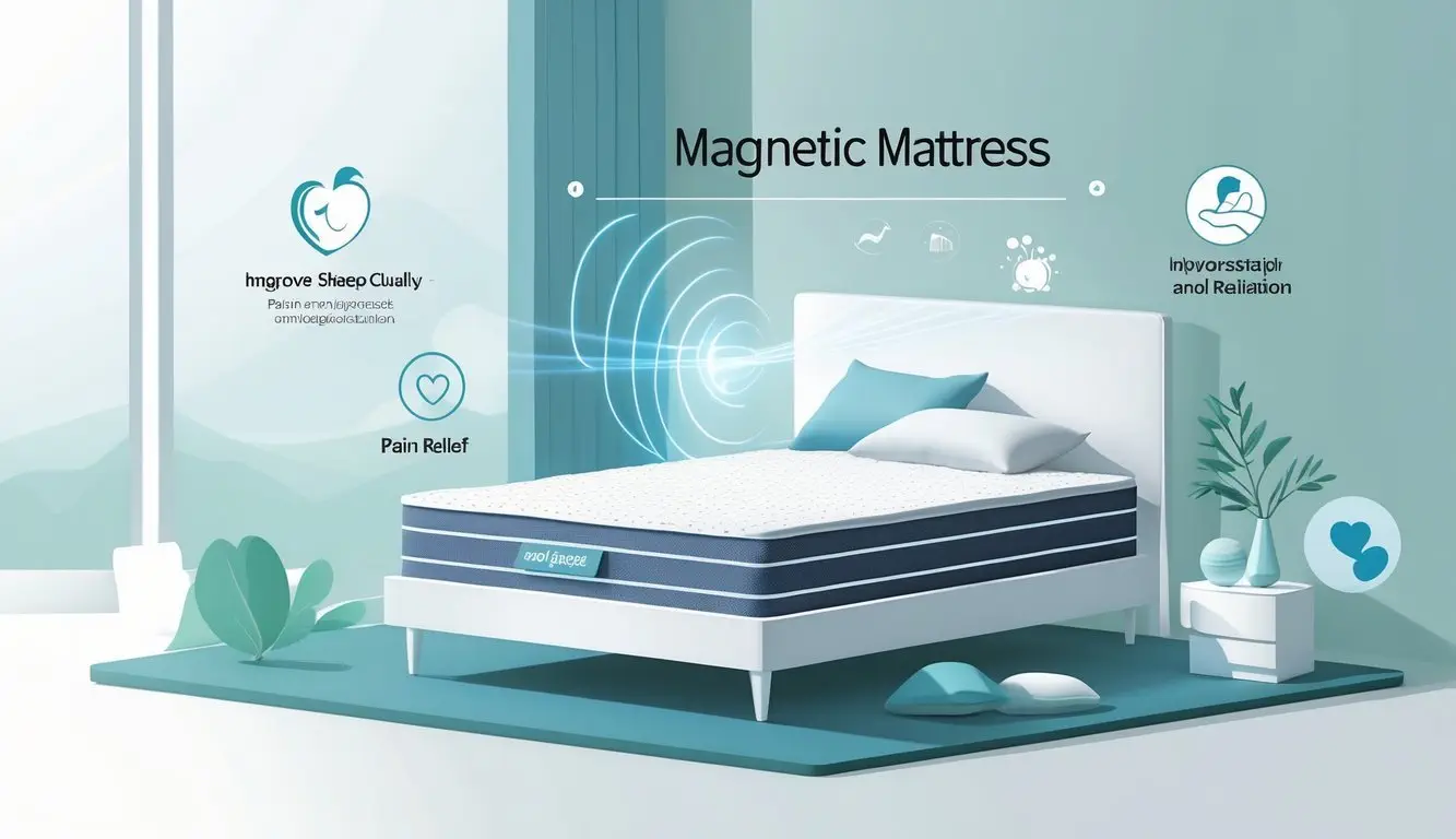 A bedroom scene featuring a bed with a magnetic mattress emitting gentle glowing magnetic fields, surrounded by symbols representing improved sleep, pain relief, and relaxation.