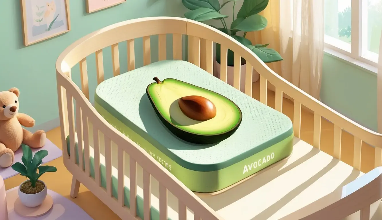 A baby crib with a green avocado-shaped mattress inside, placed in a bright nursery with soft natural light and cozy decorations.