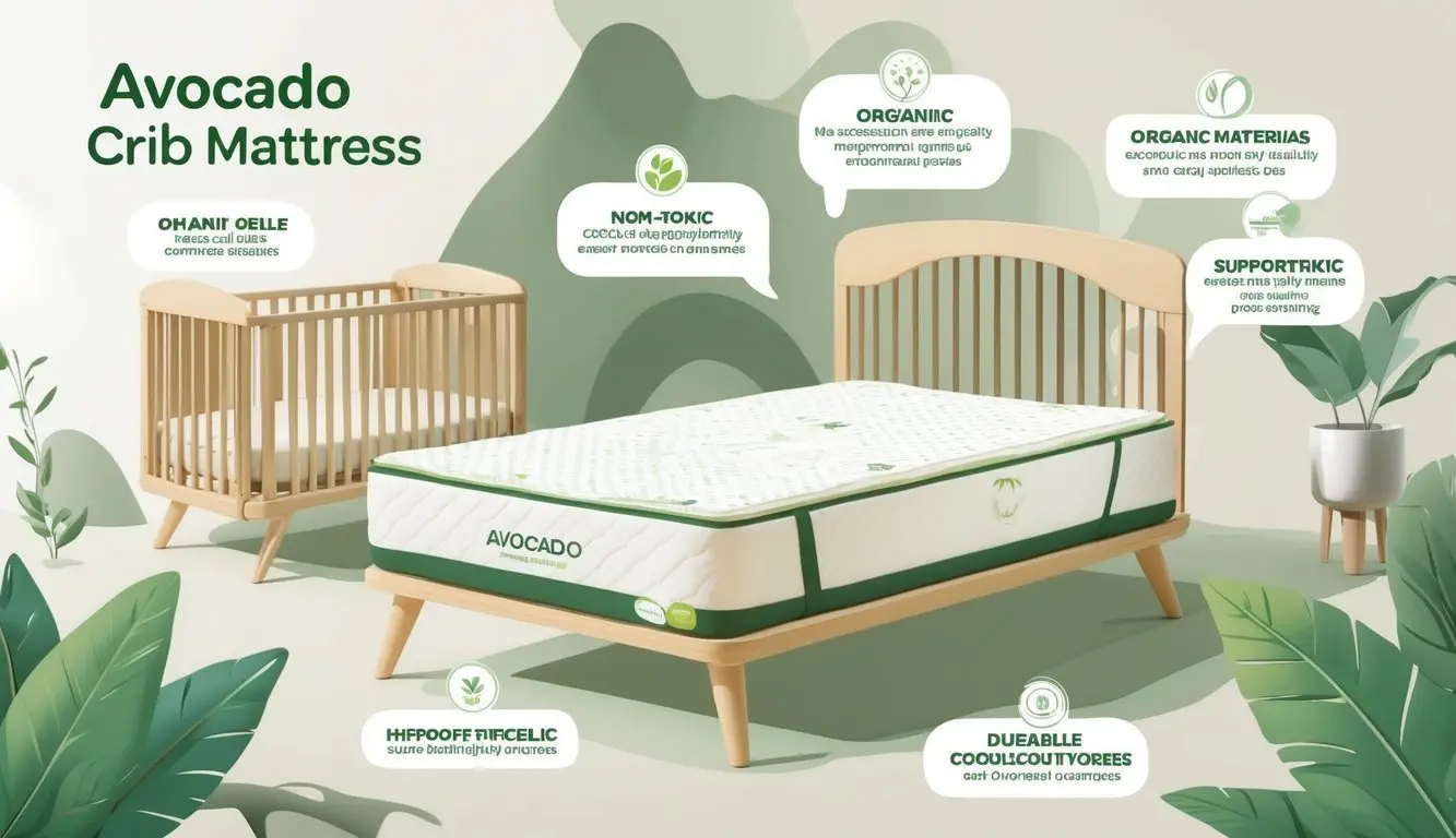 An illustration of an eco-friendly crib mattress with icons highlighting its organic and breathable features in a nursery setting.