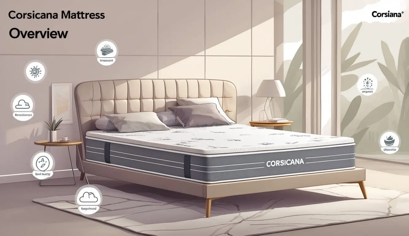 A modern bedroom with a Corsicana mattress on a bed, showing details of the mattress layers and icons representing comfort and support.