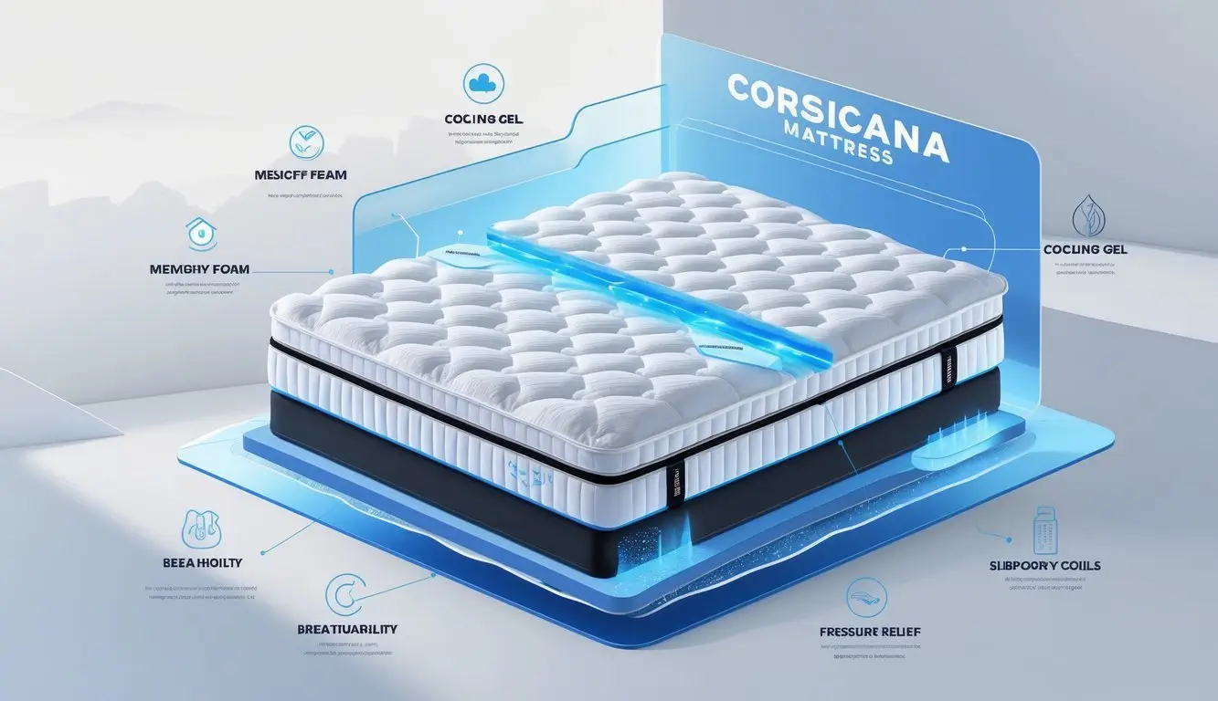 An illustration of a mattress with highlighted layers and icons representing comfort, durability, breathability, and pressure relief.