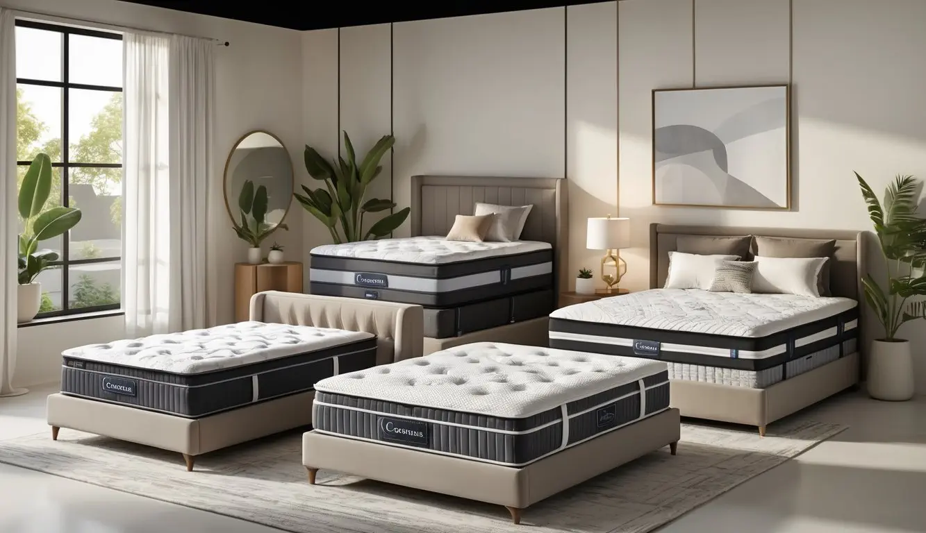 A showroom scene displaying several Corsicana mattresses on bed frames with bedding in a modern bedroom setting.