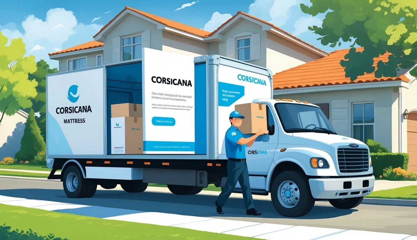 A delivery person carrying a packaged mattress from a truck to a suburban home with an open door.