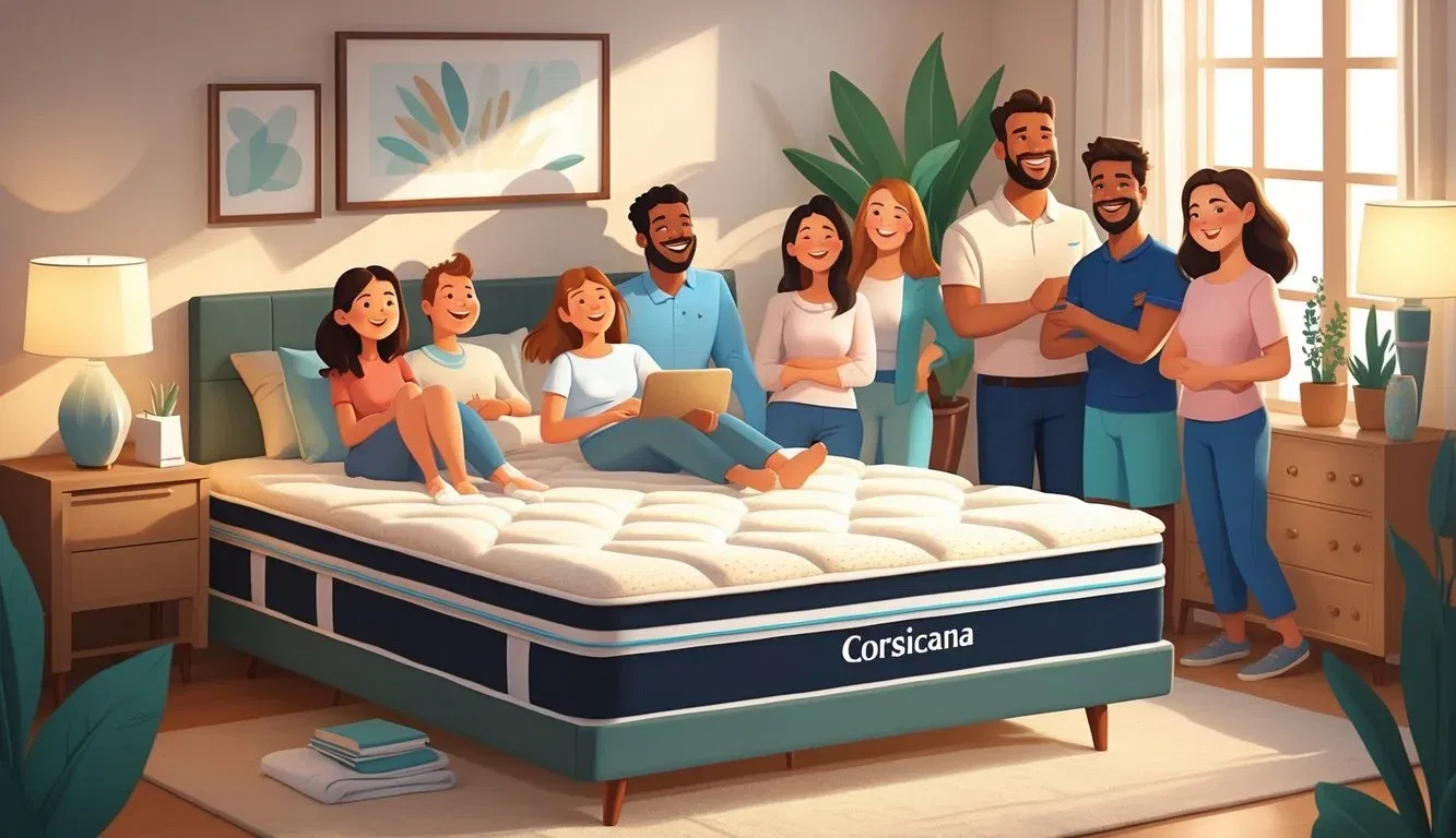 A cozy bedroom scene showing a comfortable mattress with happy people sitting and lying on it, smiling and enjoying the experience.