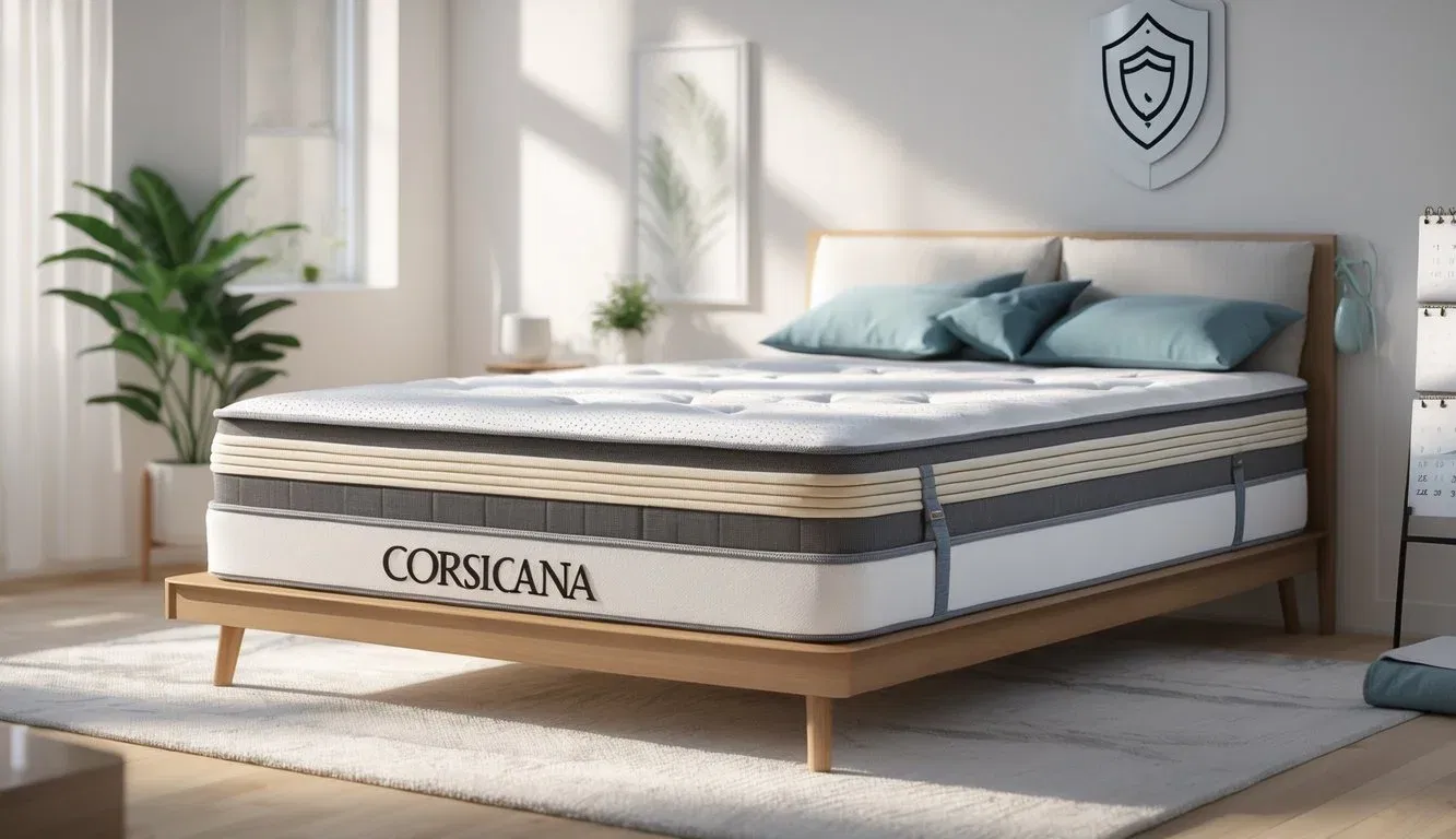 A mattress in a bedroom with a cross-section showing layers inside, surrounded by symbols representing strength and long-lasting use.