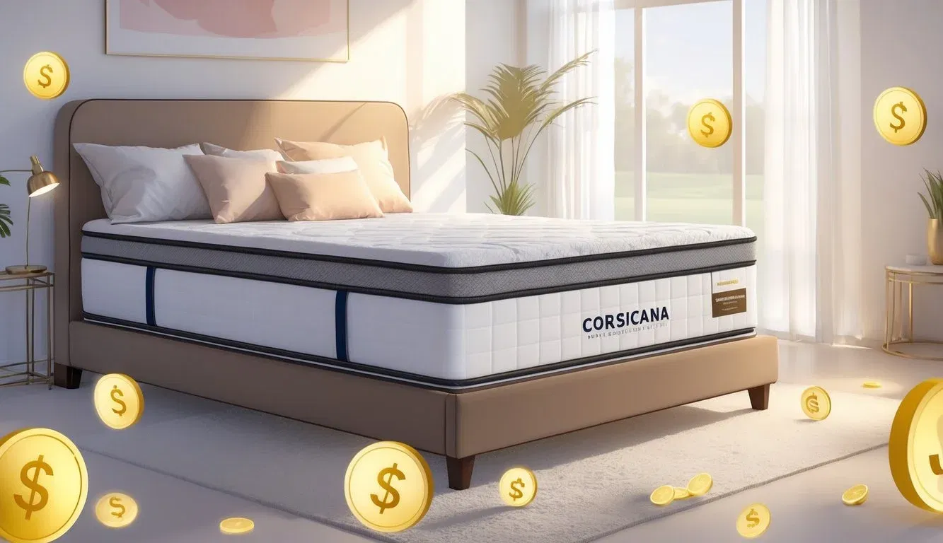 A bedroom scene showing a comfortable mattress on a bed with pillows and bedding, surrounded by icons representing price and value.