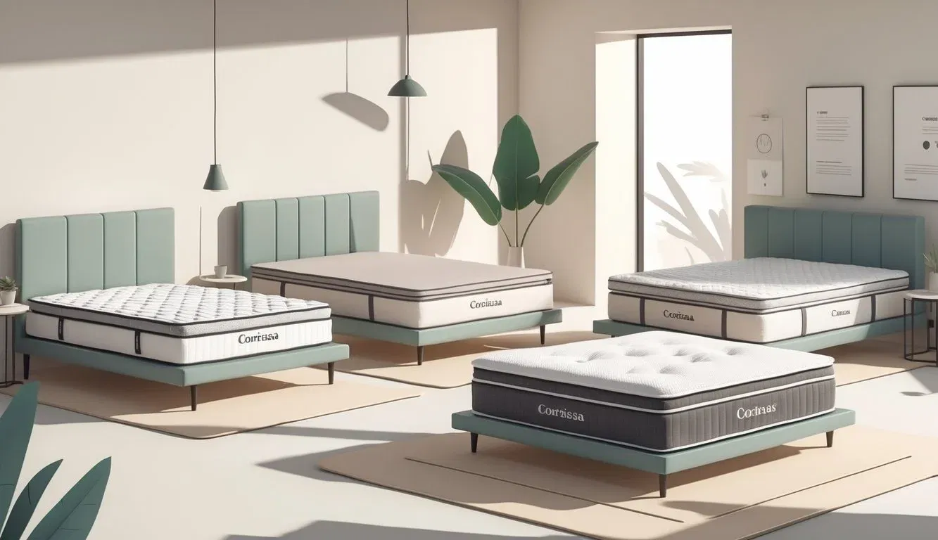 Showroom with several mattresses displayed side by side on bed frames, highlighting different mattress styles and features.