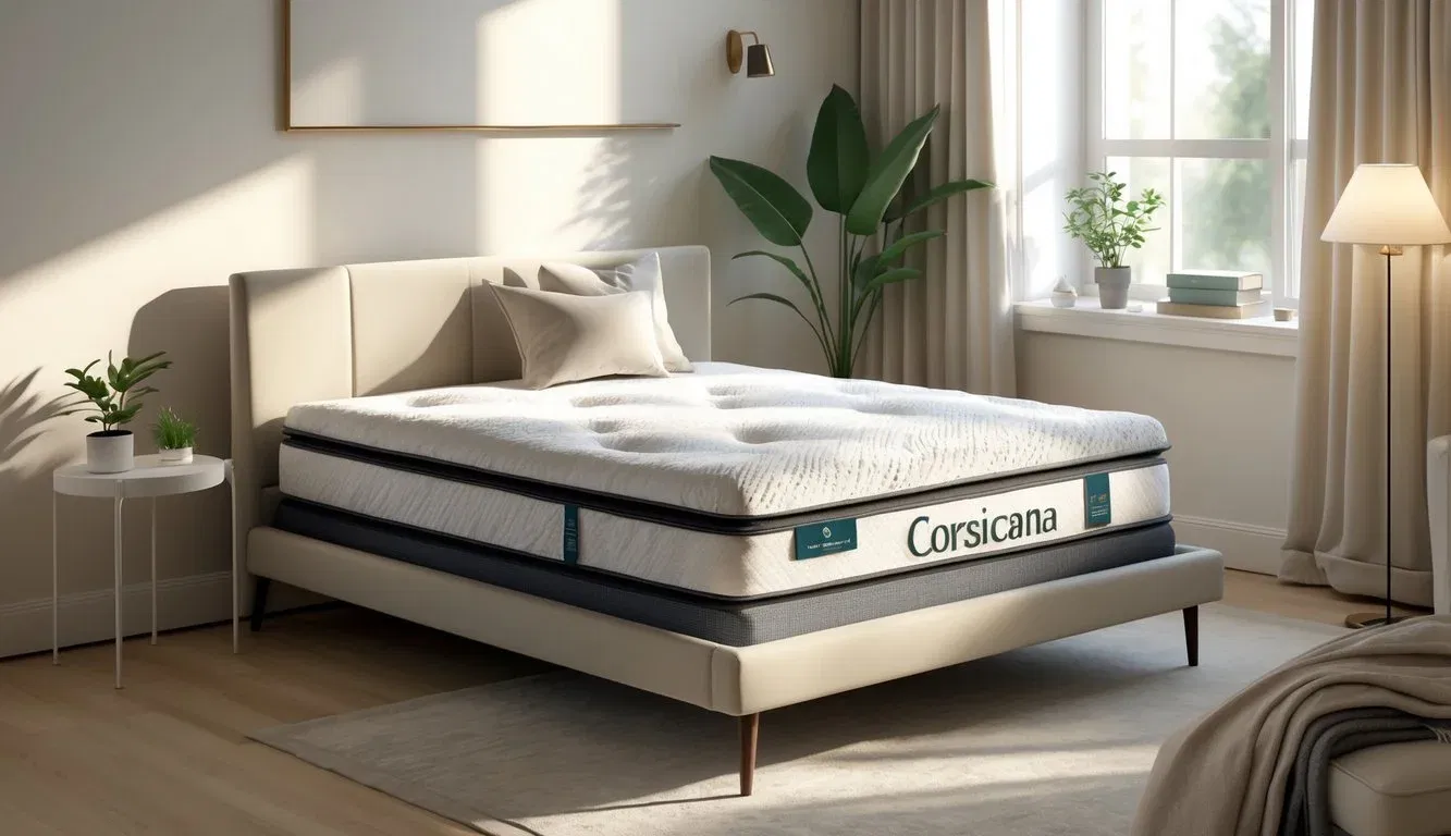 A bedroom with a Corsicana mattress on a modern bed, featuring soft natural light and simple decor.