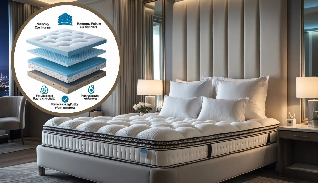A hotel bedroom with a king-size bed featuring a thick, plush mattress and white linens, with visual details highlighting mattress layers and comfort features.
