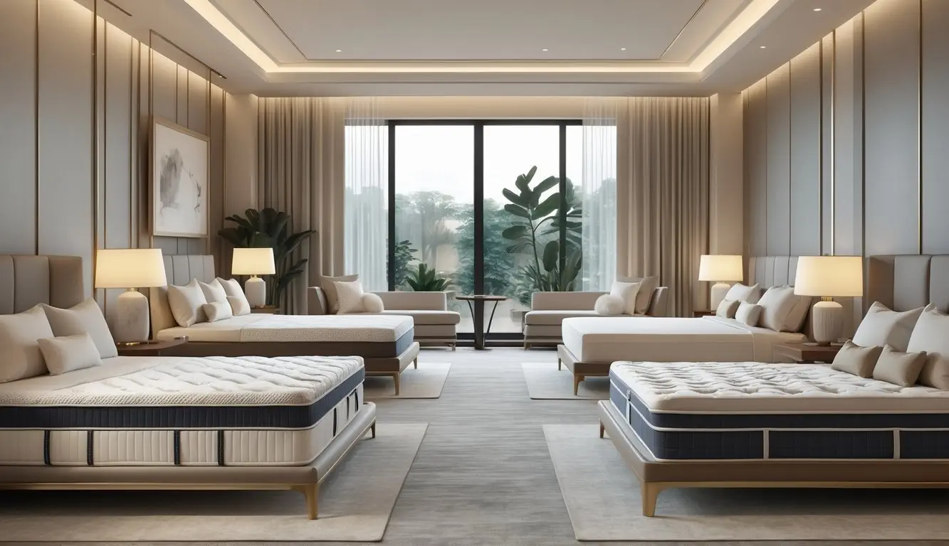 A showroom scene displaying several different hotel mattresses arranged on bed frames in a modern hotel room setting.