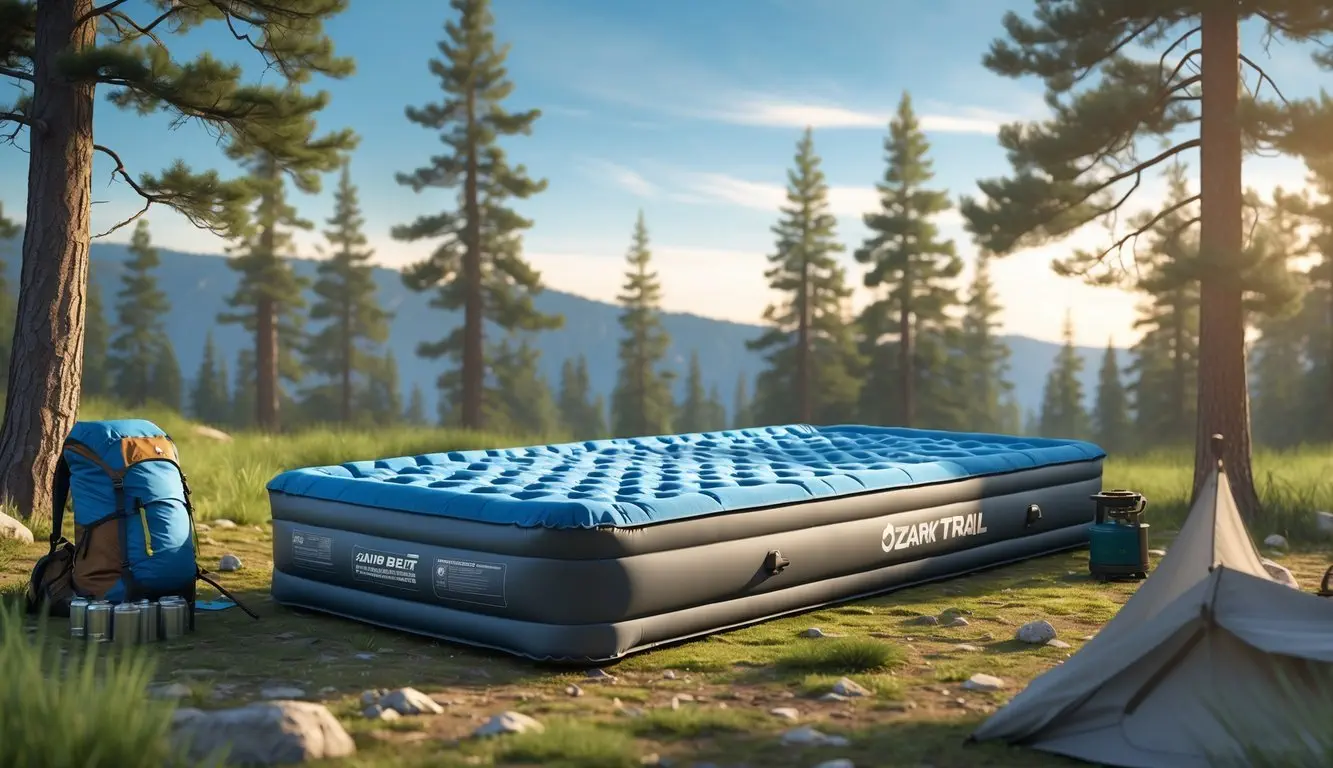 An inflated air mattress set up on a forest floor surrounded by camping gear and trees under a clear sky.