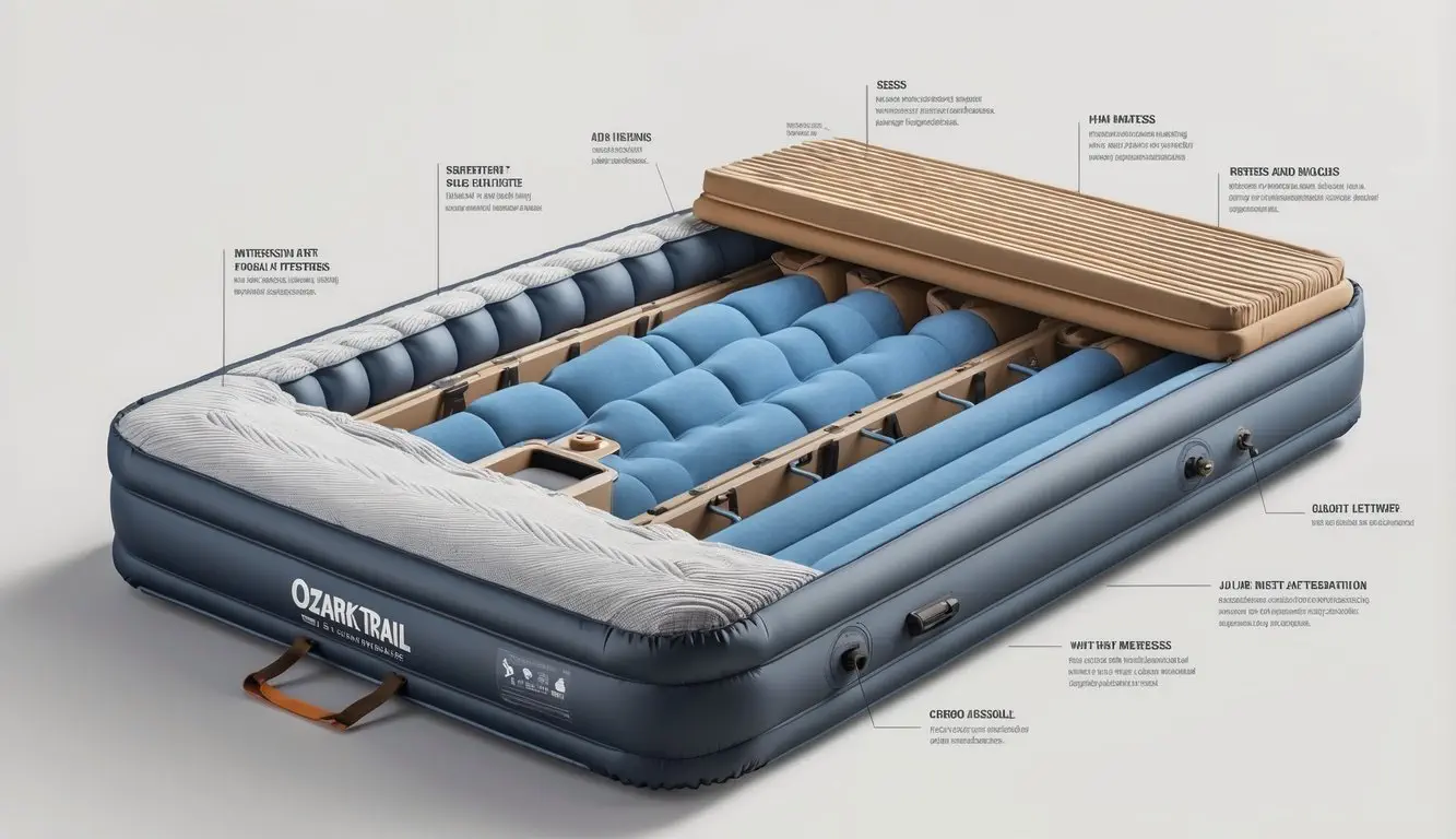 A detailed illustration showing a cross-section of an Ozark Trail air mattress highlighting its internal structure and construction features.