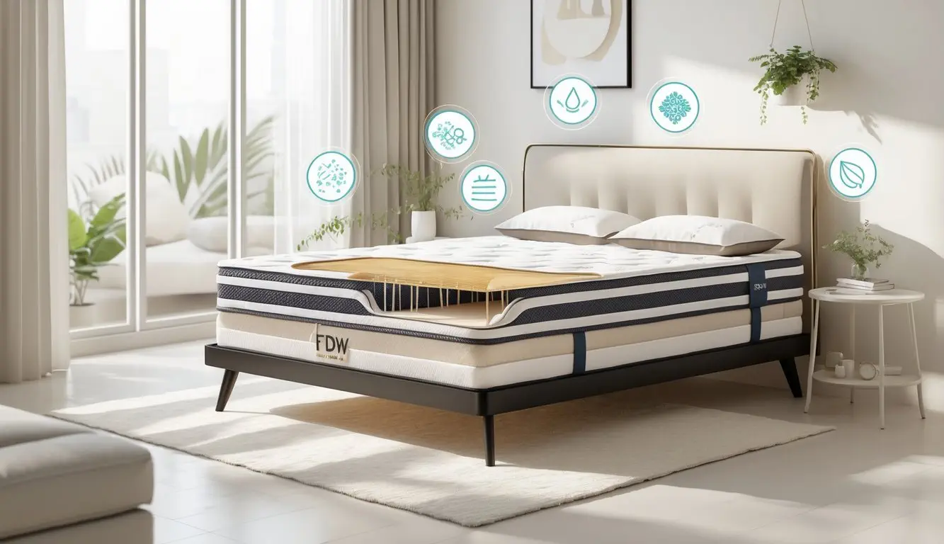 A detailed illustration of an FDW Mattress on a bed with layers visible inside, surrounded by icons representing comfort and support features in a bright bedroom.