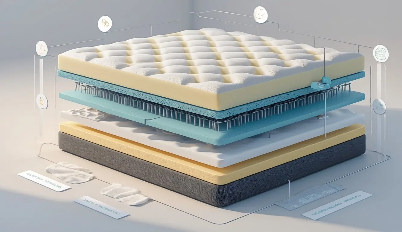 Cross-sectional view of a mattress showing multiple layers including foam and pocketed coils to illustrate its construction and materials.