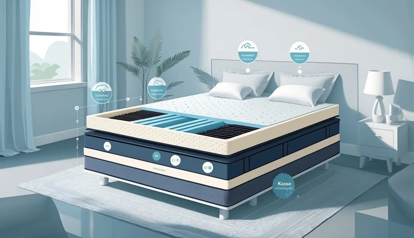 A mattress shown in a bedroom with a cross-section revealing multiple layers, illustrating different comfort and firmness options.