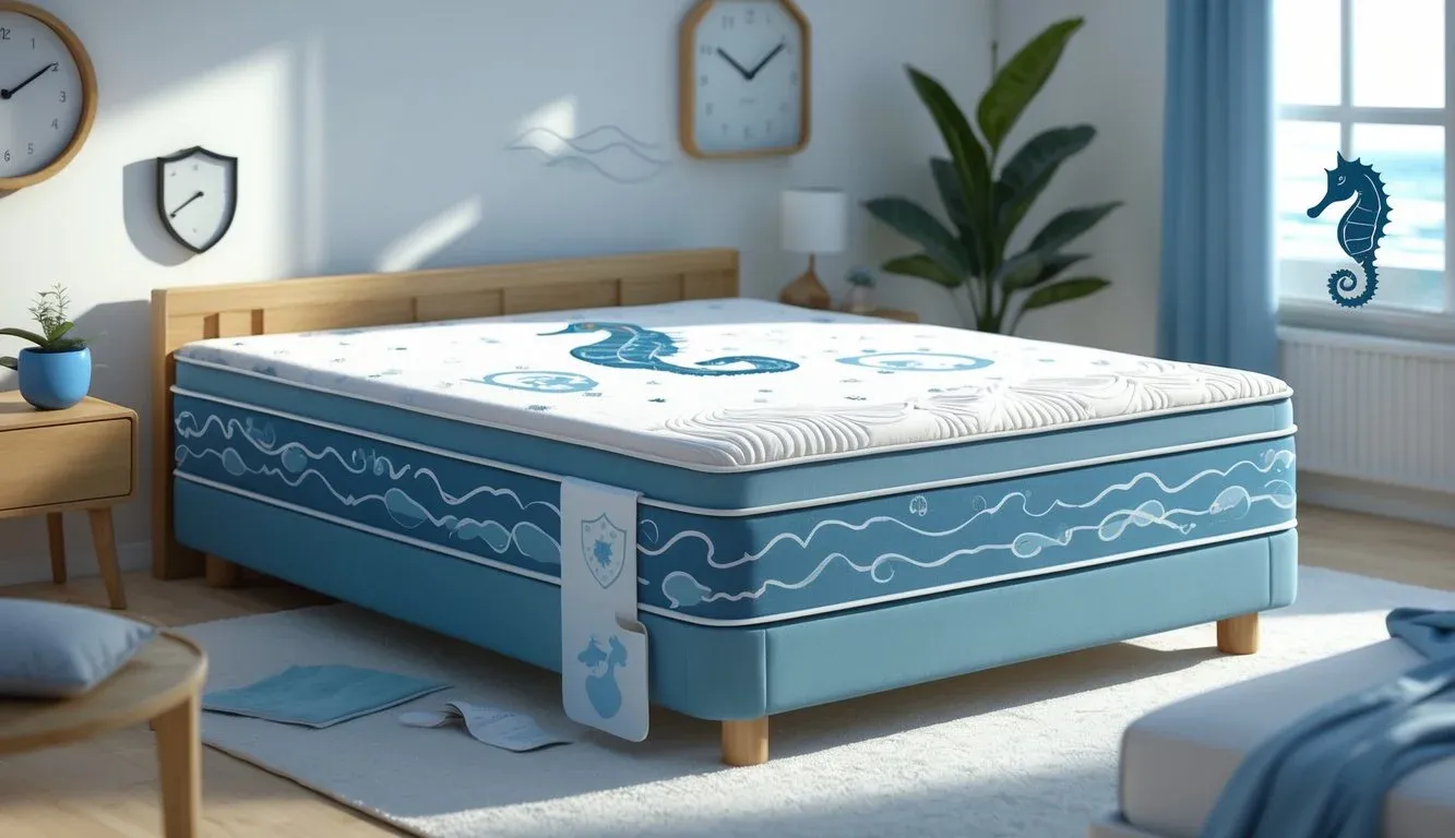 A mattress with a seahorse design in a bright bedroom, surrounded by symbols representing durability and comfort.