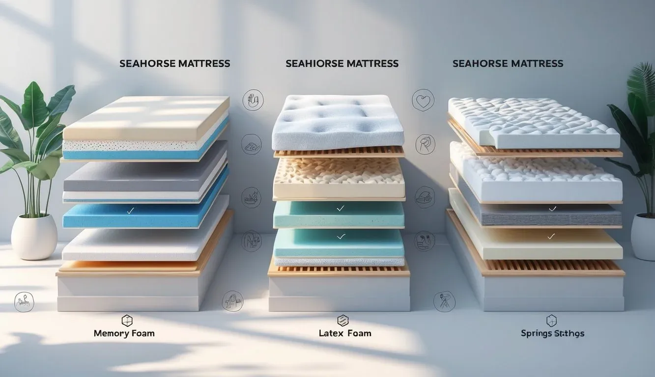 Several mattresses displayed side by side with visible layered cross-sections, highlighting their different materials and features.